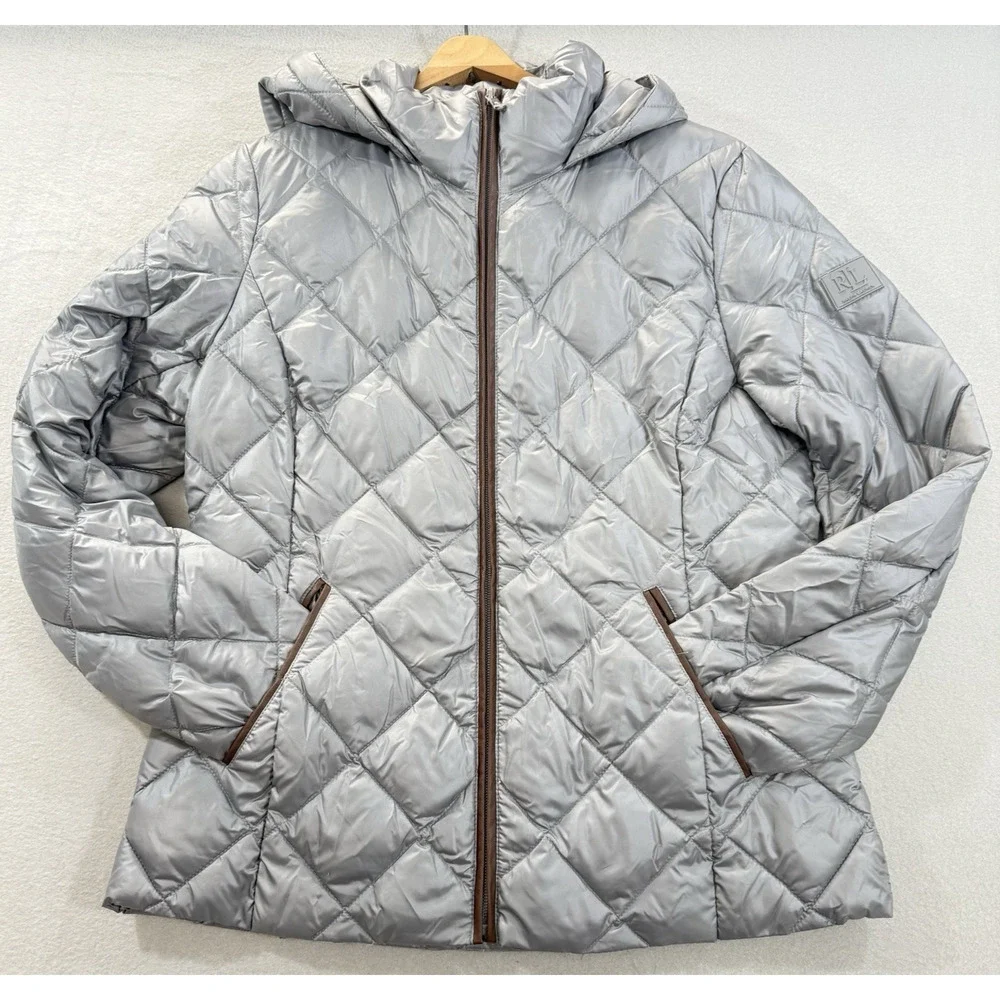 Lauren Ralph Lauren Womens Medium Quilted Puffer Jacket Gray Faux Leather Trim - Picture 1 of 14